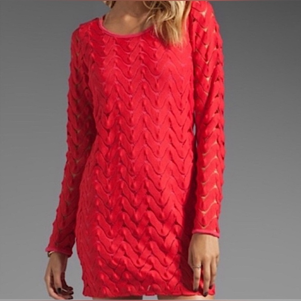 Red Ribbed Ruffled Mini Sweater Dress
